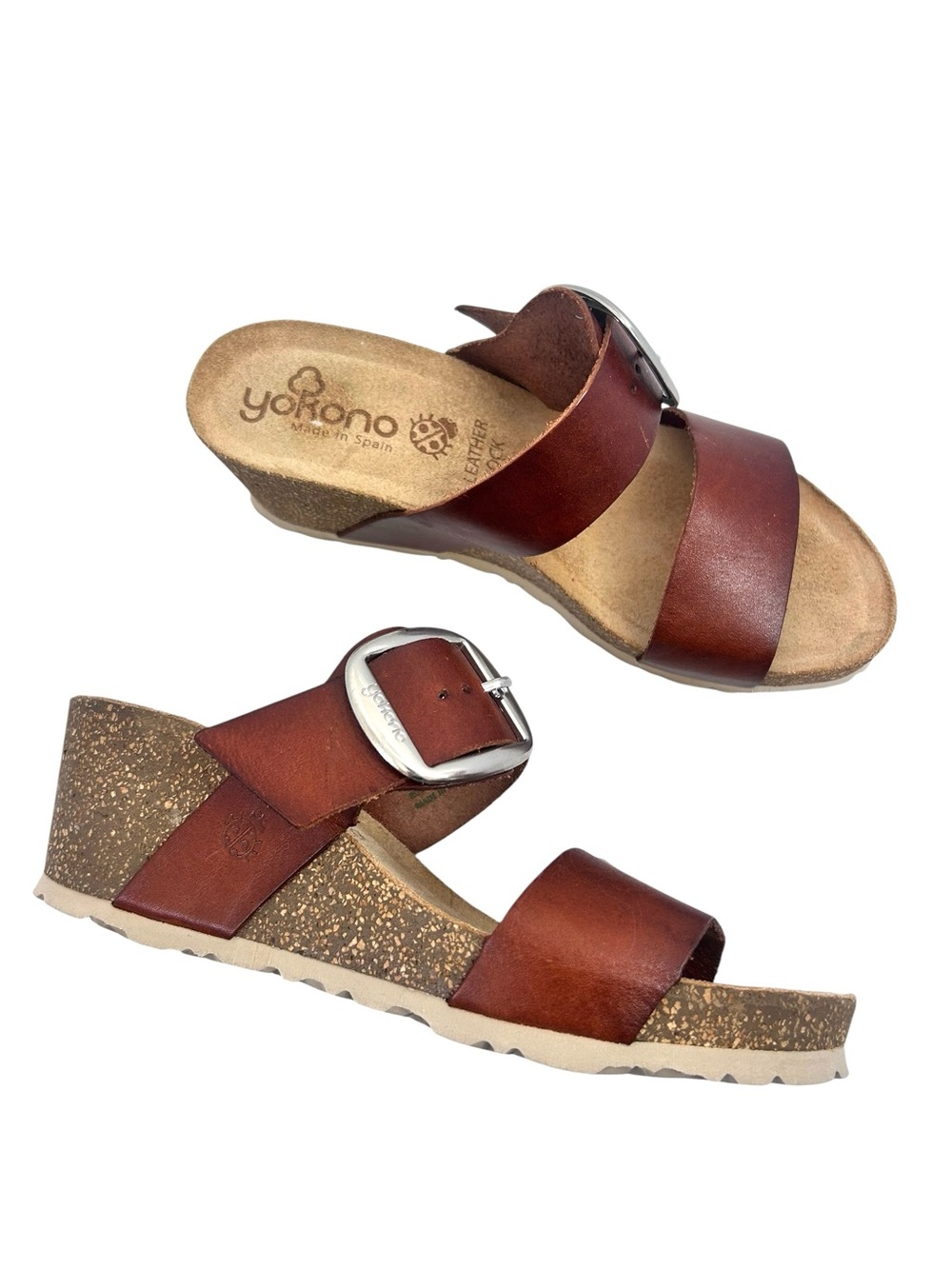 Yokono Brown Leather Wedge Buckle Slide Sandals Size 8 Spain NWOB